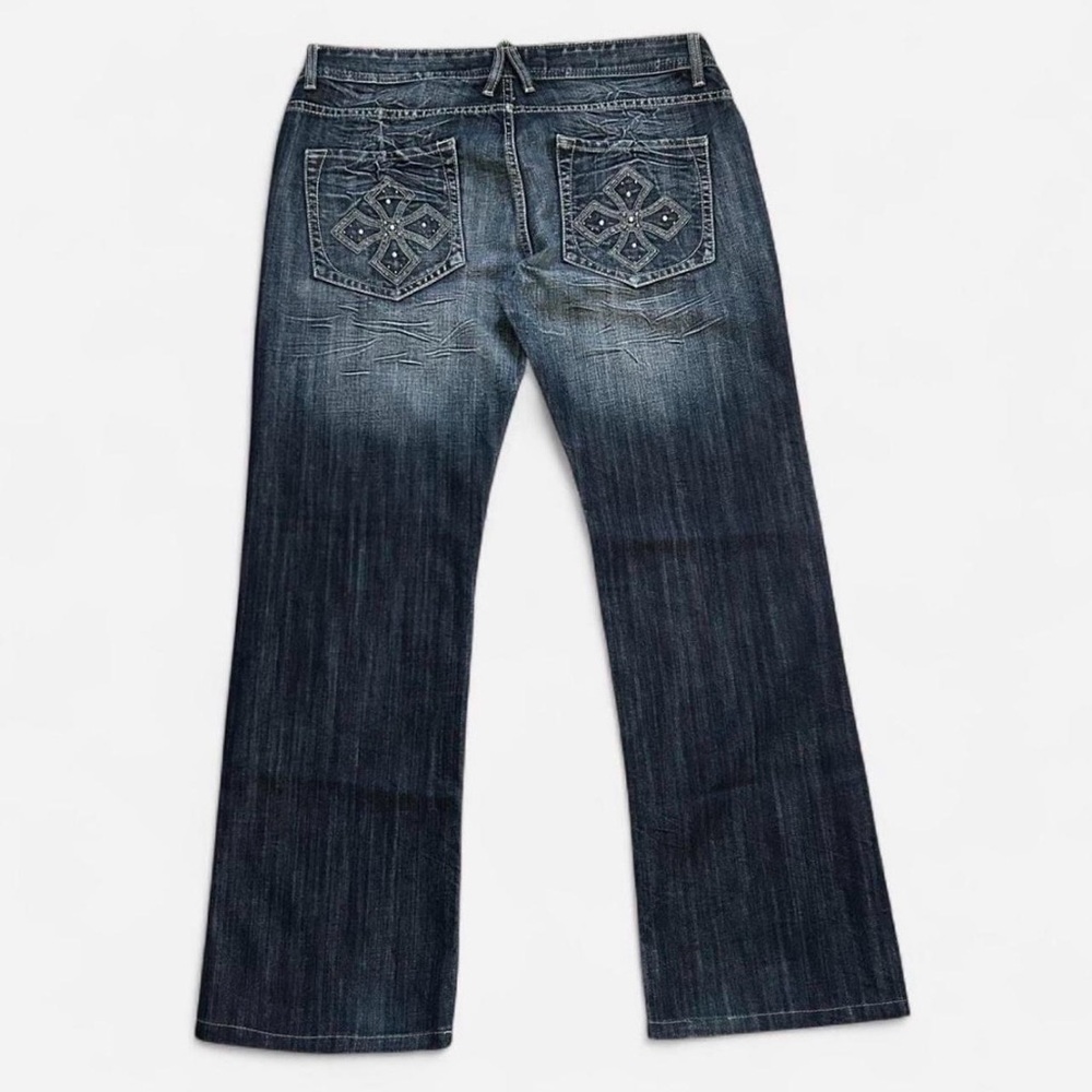 Men's Y2k Dark Blue Bootcut Jeans with Rhinestone Back Pockets Sz 34 (35x30)